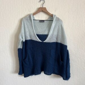 Wooden Ships Open Knit V-Neck Hoodie Sweater Small /Medium Blue Colorblock Boho